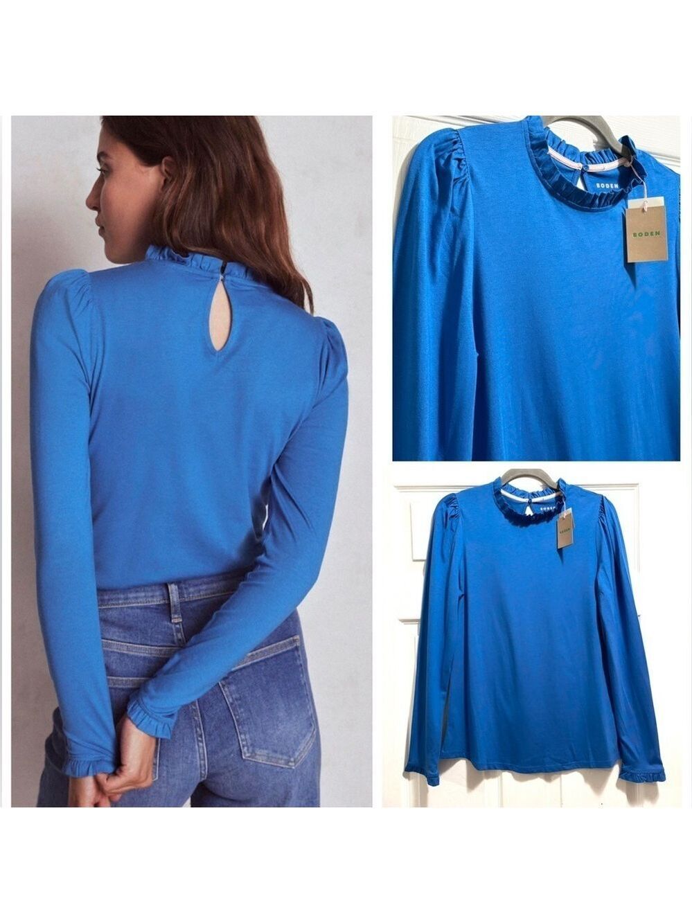 NWT Boden Supersoft Frill Detail Top Ruffles Long Sleeve Royal Blue Size 10 NEW